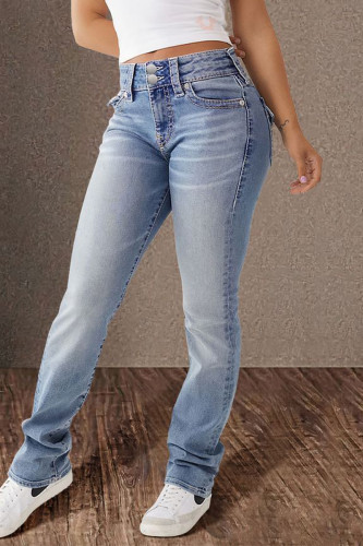Casual Solid Color Distressed Pocket Mid Waist Denim Jeans