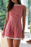 Casual Plaid Lace Patchwork Contrast O Neck Loose Rompers
