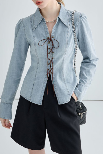 Casual Solid Color Strap Design Turndown Collar Long Sleeve Denim Jacket