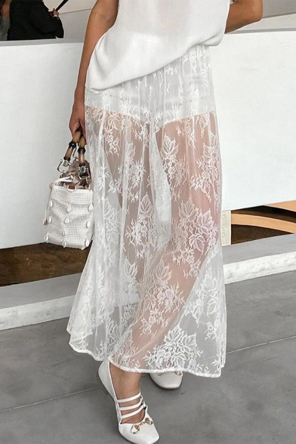 Sexy Solid Color Lace See-Through Loose High Waist Solid Color Bottoms