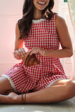 Casual Plaid Lace Patchwork Contrast O Neck Loose Rompers