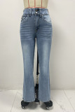 Casual Solid Color Distressed Pocket Mid Waist Denim Jeans