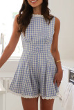 Casual Plaid Lace Patchwork Contrast O Neck Loose Rompers