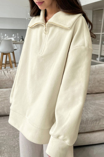 Casual Solid Color Zipper Fluffy Turndown Collar Tops