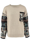 Casual National Totem Patchwork Weave O Neck Tops