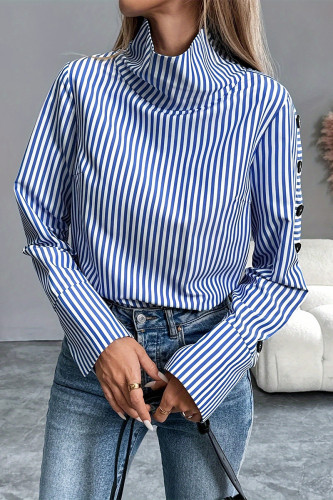 Casual Stripe Buttons Turtleneck Tops