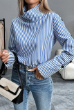 Casual Stripe Buttons Turtleneck Tops