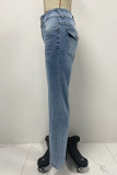 Casual Solid Color Distressed Pocket Mid Waist Denim Jeans