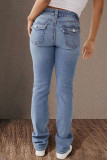 Casual Solid Color Distressed Pocket Mid Waist Denim Jeans