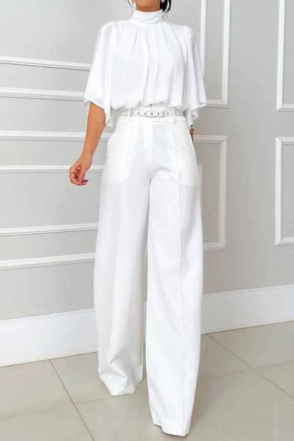 Casual Solid Color Pocket Turtleneck Half Sleeve Two Pieces(No waist belt)
