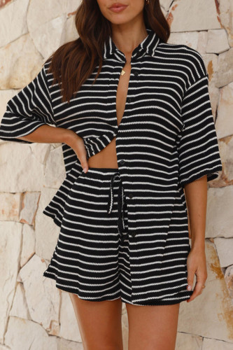 Casual Stripe Lace Up Patchwork Contrast Turndown Collar Half Sleeve Two Pieces