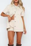 Casual Solid Color Pocket Buttons Patchwork Turndown Collar Short Sleeve Two Pieces