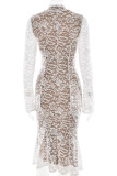 Sexy Solid Color Lace Half A Turtleneck Fishtail Dresses