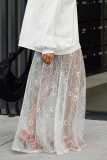 Sexy Solid Color Lace Hollow Out Loose High Waist Type A Solid Color Bottoms