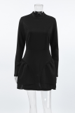 Casual Solid Color Patchwork Ruffle Zipper Turtleneck A Line Dresses