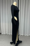 Sexy Solid Color Hollow Out Slit O Neck Irregular Dresses