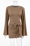 Casual Street Solid Color Lace Up Ruched O Neck Wrapped Skirt Dresses