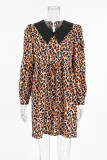 Elegant Leopard Buttons Patchwork Peter Pan Collar A Line Dresses