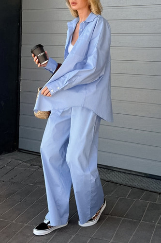 Casual Solid Color Pocket Buttons Turndown Collar Long Sleeve Two Pieces