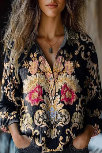 Casual Floral Print Contrast Turndown Collar Tops
