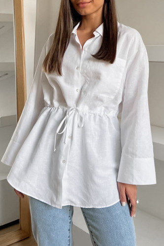 Casual Solid Color Lace Up Buttons Turndown Collar Tops