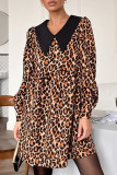 Elegant Leopard Buttons Patchwork Peter Pan Collar A Line Dresses