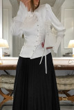 Elegant Solid Color Buttons Stringy Selvedge Turndown Collar Tops