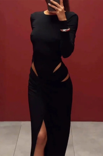 Sexy Solid Color Hollow Out Slit O Neck Irregular Dresses