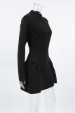 Casual Solid Color Patchwork Ruffle Zipper Turtleneck A Line Dresses