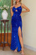 Sexy Prom Solid Color Sequins Slit V Neck Evening Dresses
