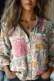 Casual Floral Print Contrast Turndown Collar Tops