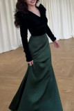 Prom Elegant Solid Color Ruched Contrast Velvet V Neck Evening Dresses