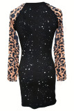 Sexy Leopard Patchwork Sequined O Neck Wrapped Skirt Dresses