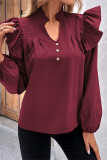 Daily Solid Color Buttons Ruffle V Neck Tops