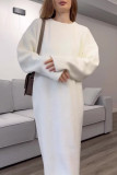 Casual Solid Color Slit O Neck Sweater Dress Dresses