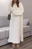 Casual Solid Color Slit O Neck Sweater Dress Dresses