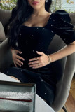 Elegant Solid Color Pearls Decor Square Neck Princess Short Sleeve Dress