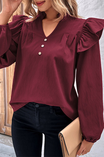 Daily Solid Color Buttons Ruffle V Neck Tops