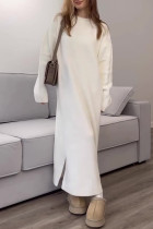 Casual Solid Color Slit O Neck Sweater Dress Dresses