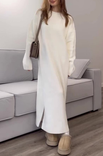 Casual Solid Color Slit O Neck Sweater Dress Dresses