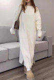 Casual Solid Color Slit O Neck Sweater Dress Dresses