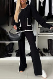 Casual Solid Color Pocket Patchwork Contrast O Neck Long Sleeve Two Pieces