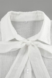 Sexy Solid Color Lace Up See-Through Turndown Collar Tops