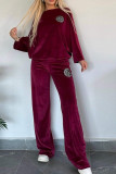 Casual Letters Patchwork Velvet O Neck Long Sleeve Two Pieces