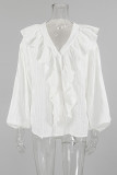 Casual Solid Color Jacquard Ruffle V Neck Tops