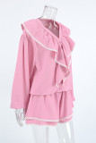 Casual Lace Patchwork Ruffle V Neck Long Sleeve Two Pieces