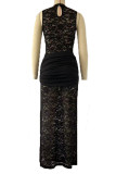 Sexy Solid Color Lace Hollow Out Slit O Neck One Step Skirt Dresses