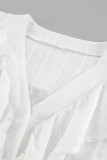 Casual Solid Color Jacquard Ruffle V Neck Tops