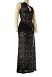 Sexy Solid Color Lace Hollow Out Slit O Neck One Step Skirt Dresses