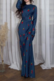 Elegant Flowers Print With Belt O Neck Long Dresses